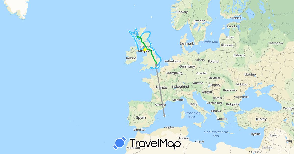 TravelMap itinerary: bus, plane, boat in Spain, United Kingdom (Europe)