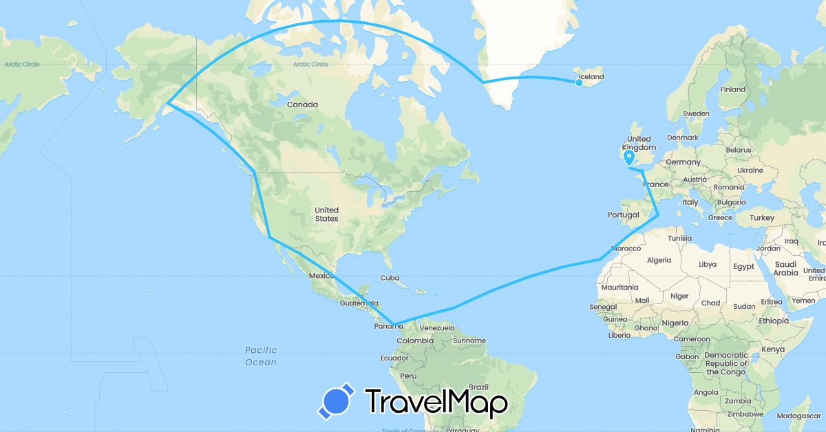 TravelMap itinerary: boat in Canada, Spain, United Kingdom, Guernsey, Greenland, Iceland, Jersey, Saint Lucia, Panama, United States (Europe, North America)