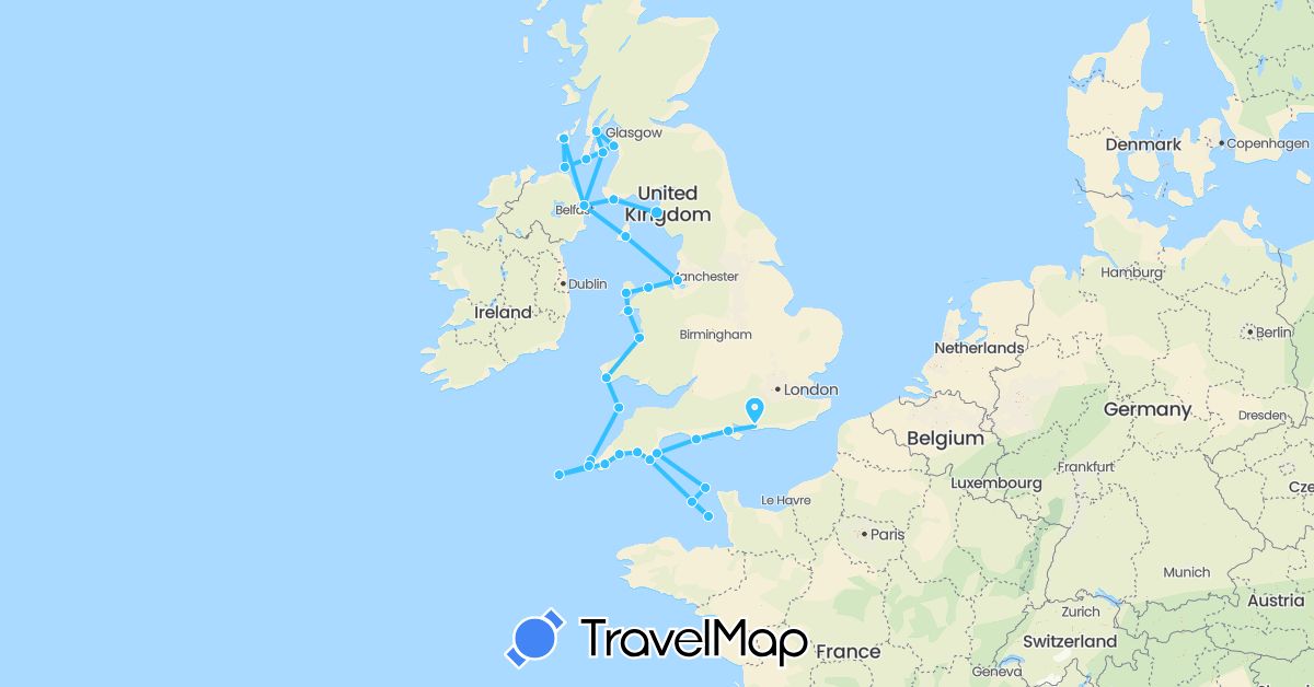 TravelMap itinerary: driving, boat in United Kingdom, Guernsey, Isle of Man, Jersey (Europe)